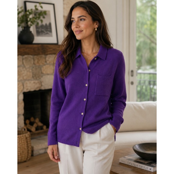 Faherty Sweaters - Faherty Cloud Cashmere Sweater Shirt Purple Button Front Medium Quiet Luxury
